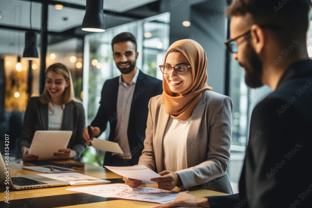 Beautiful muslim businesswoman presents a project to a young diverse team of people in a modern office Beautiful muslim businesswoman presents a project to a young diverse team of people in a modern office