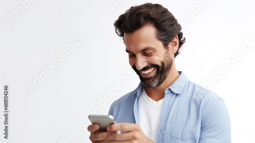 Bearded man in a blue shirt smiling while looking at and interacting with a smartphone in his hand.