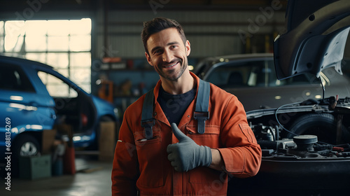 Happy auto mechanic smiles and shows thumbs up. Concept of professional auto service.