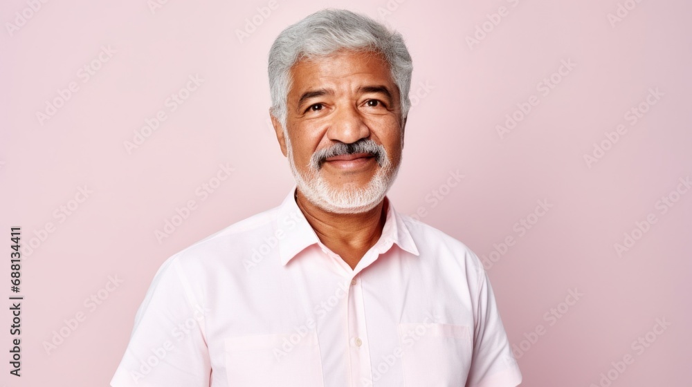 A senior man of varying skin tones radiates happiness against a studio-lit pinkish backdrop. A senior man of varying skin tones radiates happiness against a studio-lit pinkish backdrop.