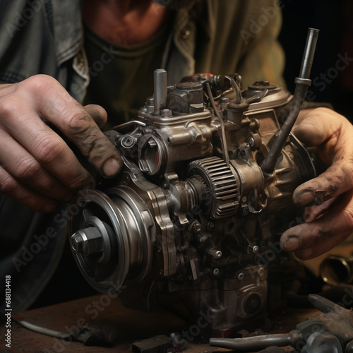 Skilled Mechanic Working on Car Engine in Workshop Dirty hands of a man repairing an alternator