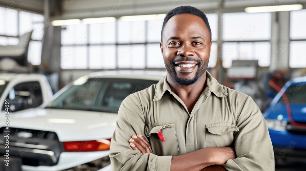 The happy mechanic grins while posing in his auto workshop.