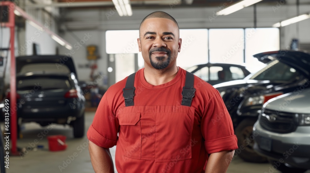 The happy mechanic grins while posing in his auto workshop. The happy mechanic grins while posing in his auto workshop.