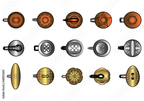 Metal Buttons flat sketch vector illustration set, different types of Shirt Buttons, Shank button, Flat buttons and Decorative buttons for fasteners, dresses garments, Jeans, Clothing and Accessories