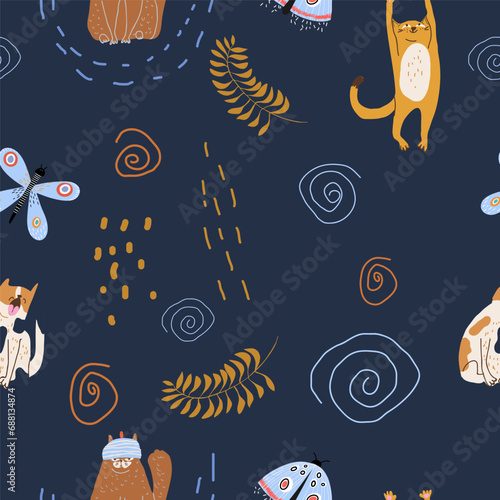 Funny cartoon drawing of funny hand drawn cats in flat style illustration with butterflies.
Vector illustration, suitable for cat cafe, pet friendly cafe. Seamless pattern.