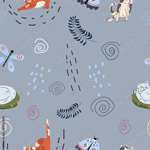 Funny cartoon drawing of funny hand drawn cats in flat style illustration with butterflies.
Vector illustration, suitable for cat cafe, pet friendly cafe. Seamless pattern.