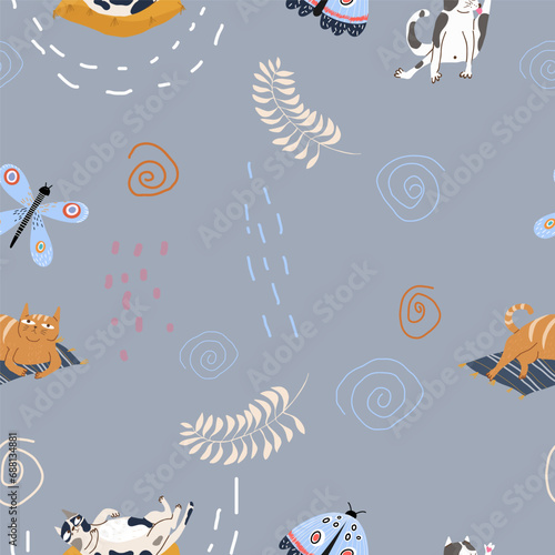 Funny cartoon drawing of funny hand drawn cats in flat style illustration with butterflies.
Vector illustration, suitable for cat cafe, pet friendly cafe. Seamless pattern.