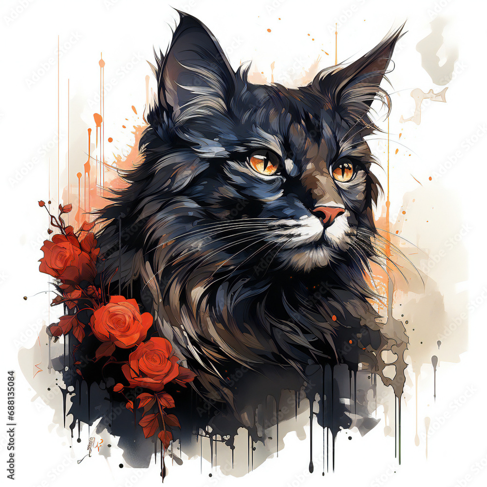 Black cat Watercolor art style white background