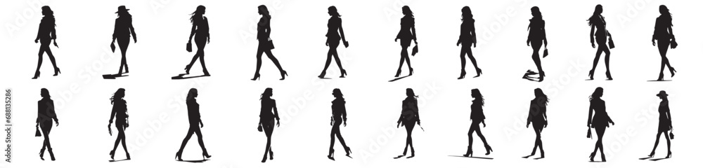 Female silhouettes, black shapes of girls in different positions, black and white vector decorative graphics - obrazy, fototapety, plakaty 