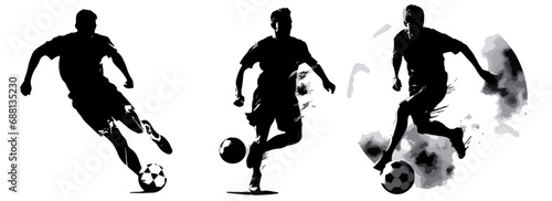 Group of soccer players playing soccer together, athletic male athletes silhouettes, black and white vector decorative graphics photo