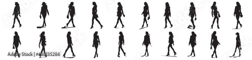 Female silhouettes, black shapes of girls in different positions, black and white vector decorative graphics
