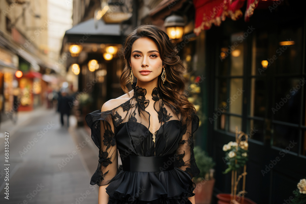 Elegant young woman in a chic black dress and earrings posing on a city street, embodying contemporary fashion and lifestyle.