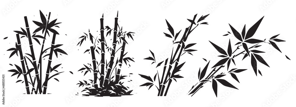 Set of bamboo twigs with leaves, black and white patterns decorative vector illustrations