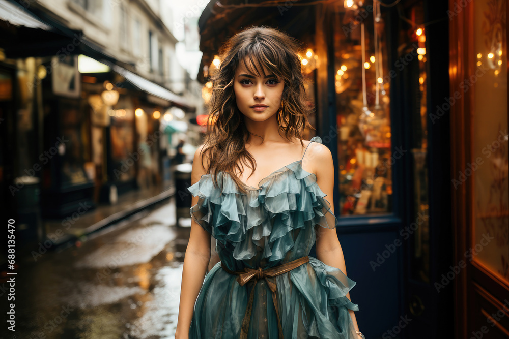 A young woman in a trendy ruffled dress walking confidently through a city street with shops and lights.