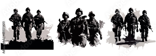 Group of soldiers in full uniform and machine guns, military silhouettes, black and white vector decorative graphics