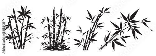 Fototapeta Naklejka Na Ścianę i Meble -  Set of bamboo twigs with leaves, black and white patterns decorative vector illustrations