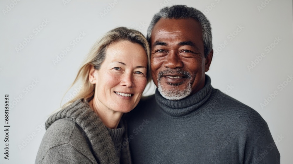 In their serene home, a 50-year-old couple expresses love through an embrace. In their serene home, a 50-year-old couple expresses love through an embrace.