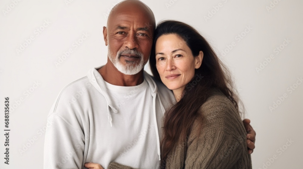 Trust and closeness fill the room as a couple in their 50s embraces. Trust and closeness fill the room as a couple in their 50s embraces.