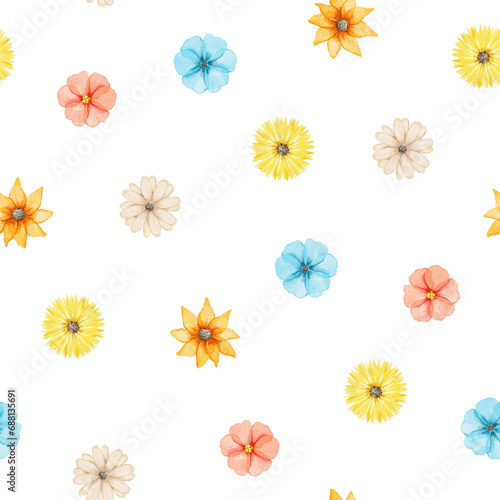 Seamless floral pattern with meadow bright flowers isolated on white background. Watercolor hand drawn illustration sketch
