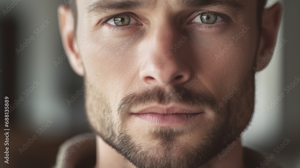 Extreme close-up highlighting the intensity of the man's gaze. Extreme close-up highlighting the intensity of the man's gaze.