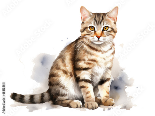a watercolor painting of a tabby cat, light white and dark gold,