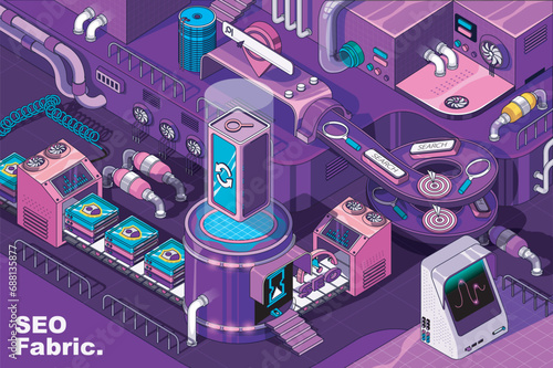 SEO optimization web concept in 3d isometric design. Search analytics, target strategy, data research. Abstract fabric production line in isometry graphic for corporate poster. Vector illustration.