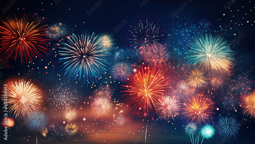 Naklejka premium Colorful fireworks of various colors over night sky.