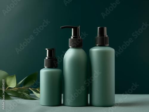 Mockup of empty ecological plastic bottle set with dispenser for branding and packaging. Package models for cosmetic beauty lotion; bottle for liquid product, natural shampoo and organic green soap