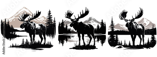 Silhouette of a moose against the background of the forest and mountains, black and white vector graphics photo