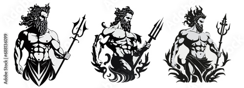 Silhouette of Greek, Roman god of water, Poseidon, Neptune, black and white vector illustration