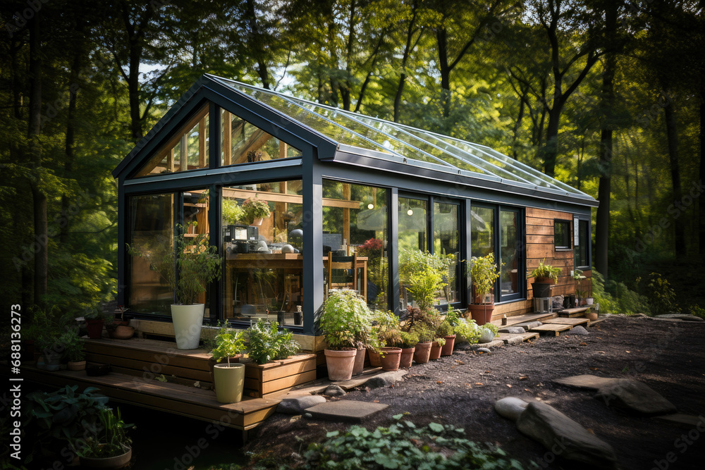 A tranquil, eco-friendly greenhouse surrounded by lush greenery and potted plants in a serene backyard setting.