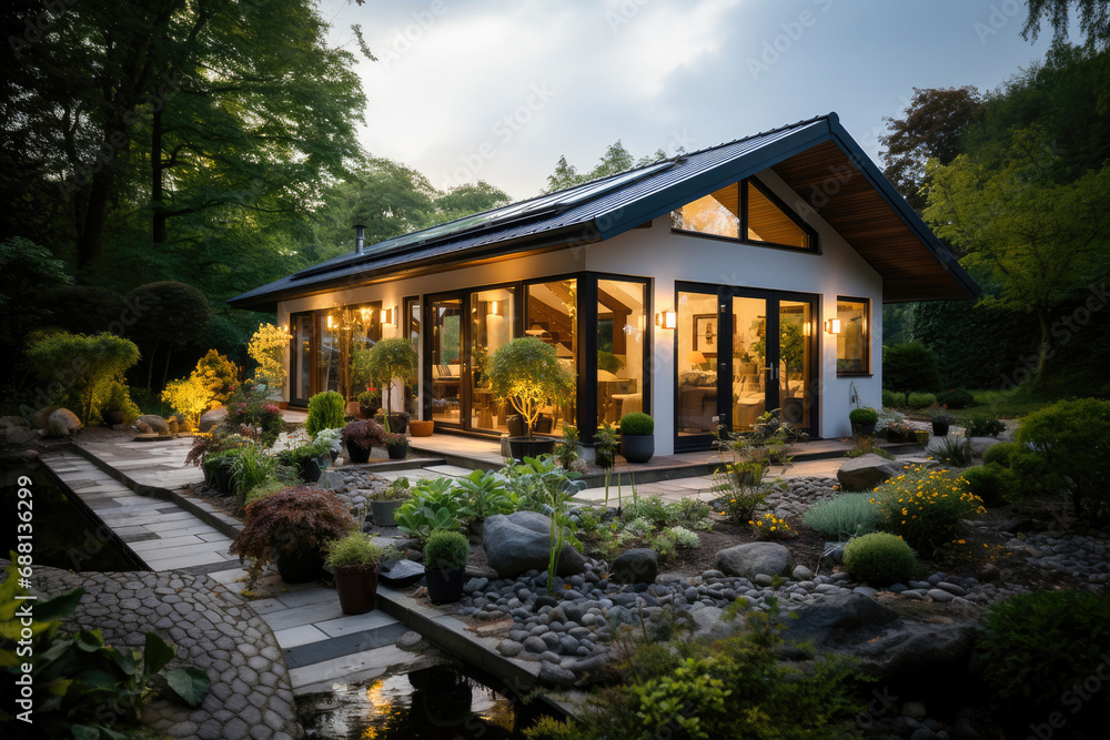 A luxurious modern house with cozy lighting, surrounded by a beautifully landscaped garden at twilight, presenting a serene living space. A luxurious modern house with cozy lighting, surrounded by a beautifully landscaped garden at twilight, presenting a serene living space.