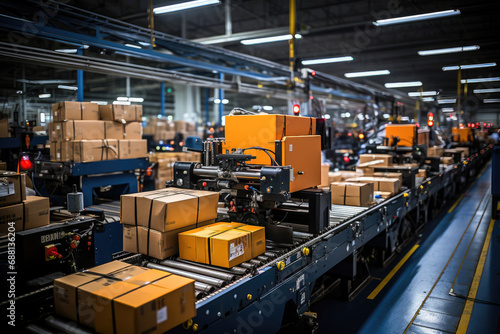 Conveyor belt in a warehouse, efficiently transporting packaged boxes for shipping in an industrial setting. © apratim