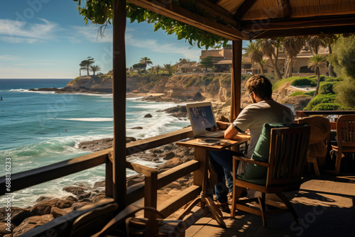 Person working on a laptop at an idyllic coastal cafe with a stunning ocean backdrop, perfect for remote work and relaxation.