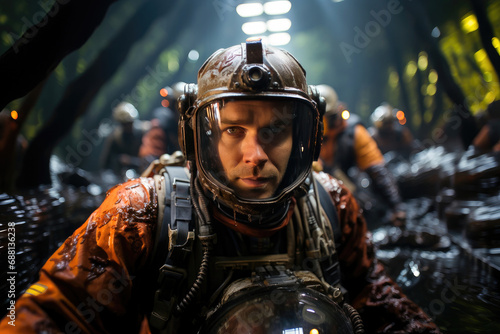 Intense portrait of an astronaut in a space suit, amidst a dramatic science fiction setting, ready for a thrilling space adventure.