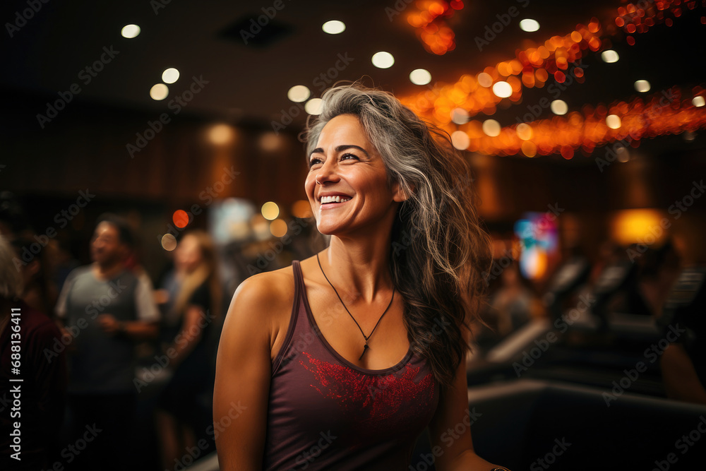 Radiant woman smiling joyfully at a vibrant indoor event, her happiness and elegance lighting up the festive atmosphere.