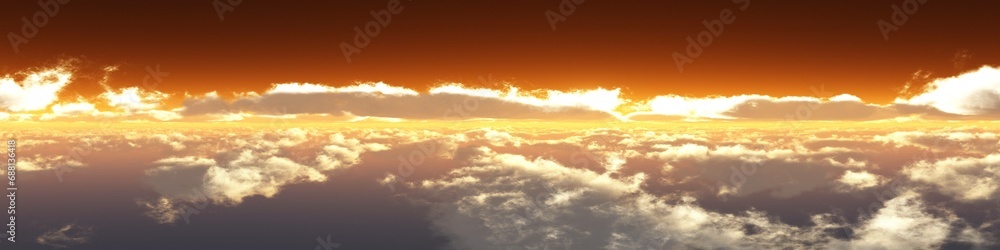 Cloudy panoramic landscape, beautiful clouds in the rays of the setting sun, 3D rendering