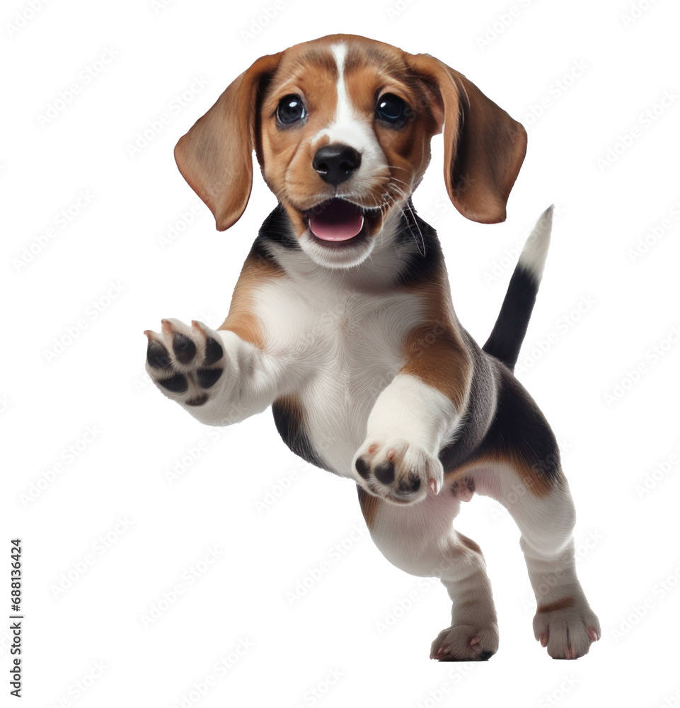 beagle puppy jumping up and down on white background,