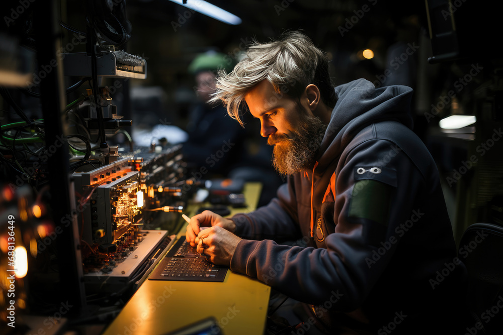 Bearded technician focused on soldering a circuit board at a dimly lit workbench in an electronics workshop.