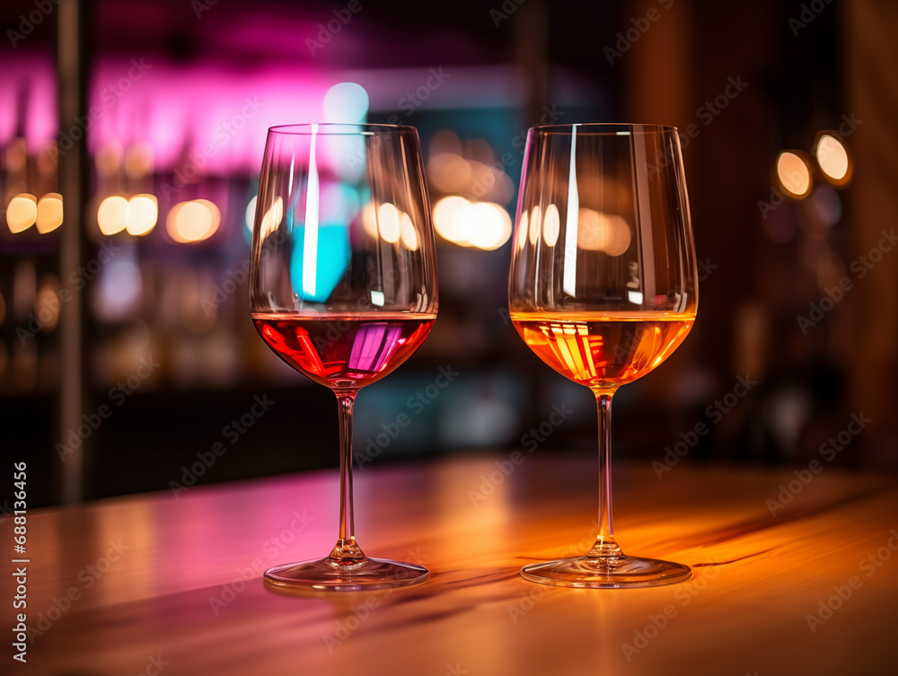 Two glasses of wine on a bar counter
