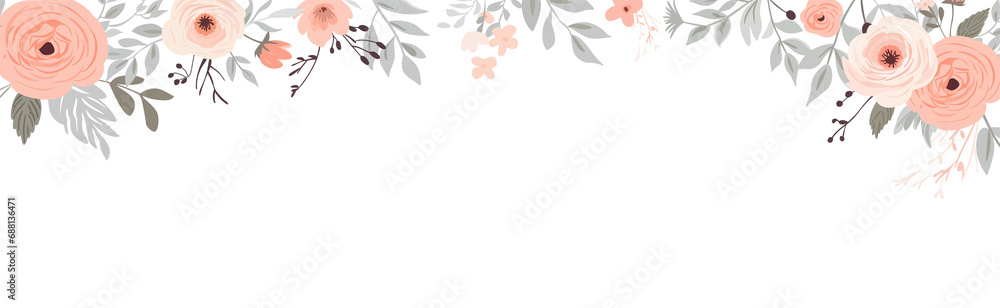 Obraz premium Horizontal banner with pastel pink, ivory, powder rose flowers and plants in pale pastel colors. Spring tender flowers border. Wedding frame poster, greeting card, header for website 