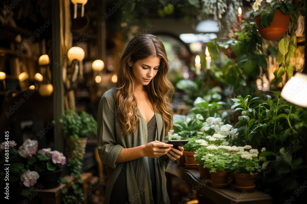 Young woman with smartphone browsing through green plants in a cozy indoor garden center. Young woman with smartphone browsing through green plants in a cozy indoor garden center.