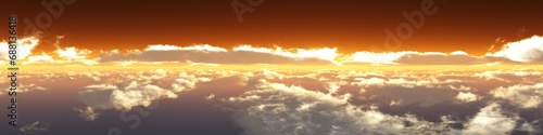 Cloudy panoramic landscape, beautiful clouds in the rays of the setting sun, 3D rendering