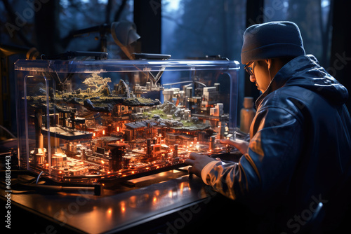 Man working on a highly detailed miniature city model with LED lights in a dimly lit room.