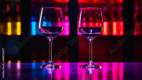 Two glasses of wine on a bar counter