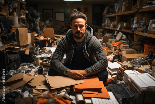 Man sitting in a cluttered workspace surrounded by craft materials and business paperwork, representing creativity and entrepreneurship. photo