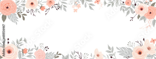 Horizontal banner with pastel pink, ivory, powder rose flowers and plants in pale pastel colors. Spring tender flowers border. Wedding frame poster, greeting card, header for website 