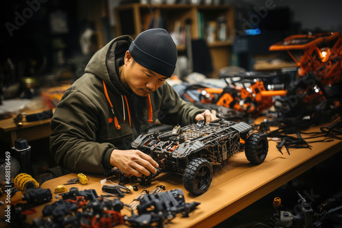 A dedicated hobbyist meticulously assembles a detailed model car at a workshop table surrounded by tools and parts. photo