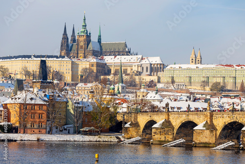 Photography Snowy Prague Lesser Town with Prague Castle and Charles Bridge above River Vltav