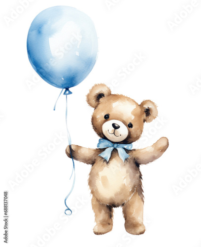 a watercolor of a teddy bear holding a blue balloon,